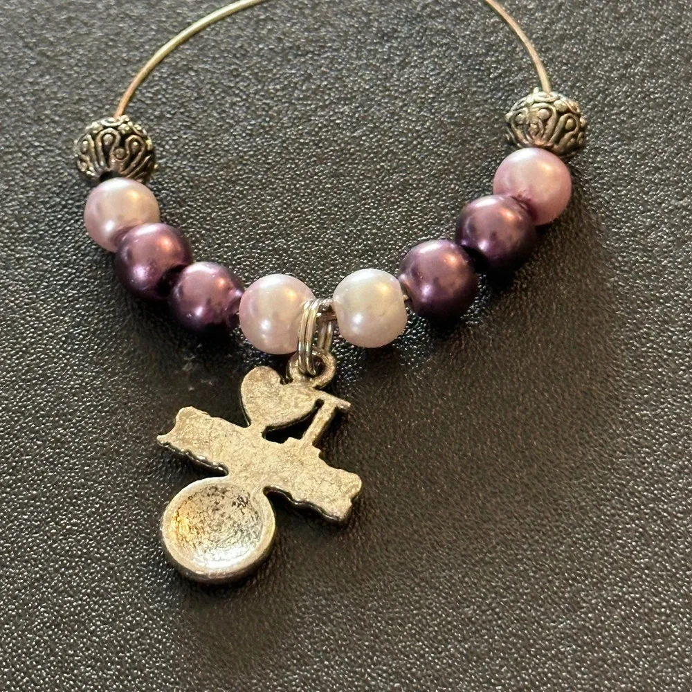 Wine glass tag, stainless steel purple/white/metal beads, Soccer charm